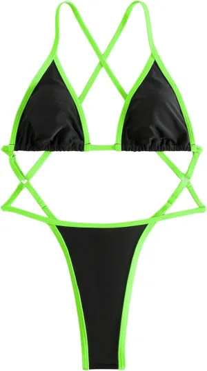 Floerns Women's Contrast Binding One Piece Swimsuit Criss Cross High Cut Swimwear