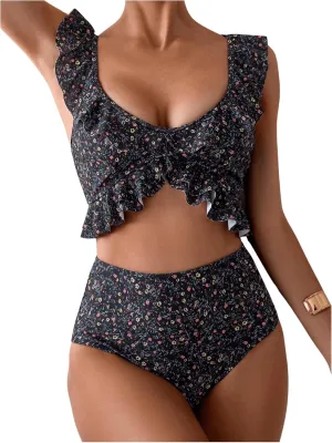 Floerns Women's Disty Floral Print Bikini Set Ruffle Trim High Waisted Bathing Suit