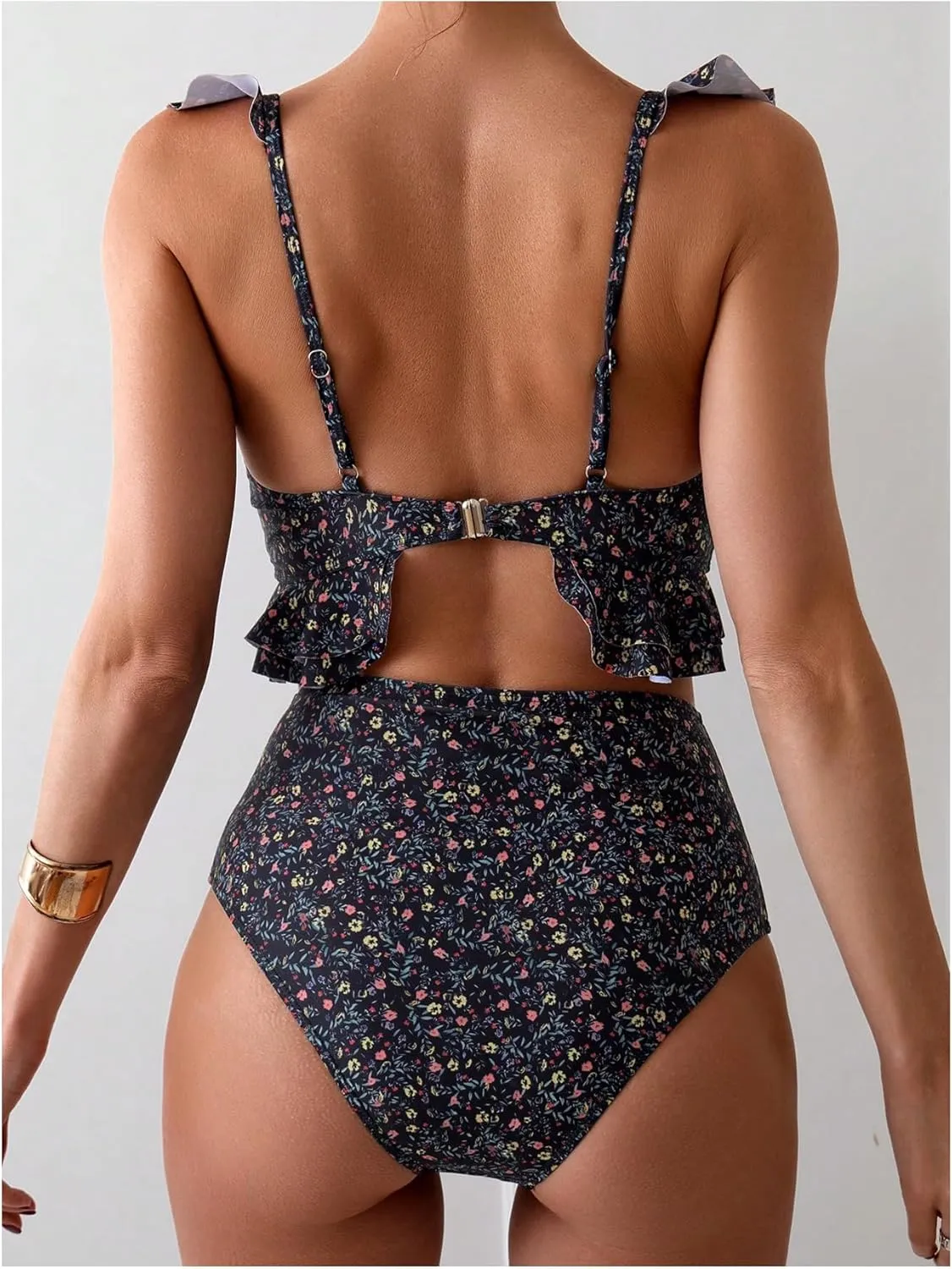 Floerns Women's Disty Floral Print Bikini Set Ruffle Trim High Waisted Bathing Suit