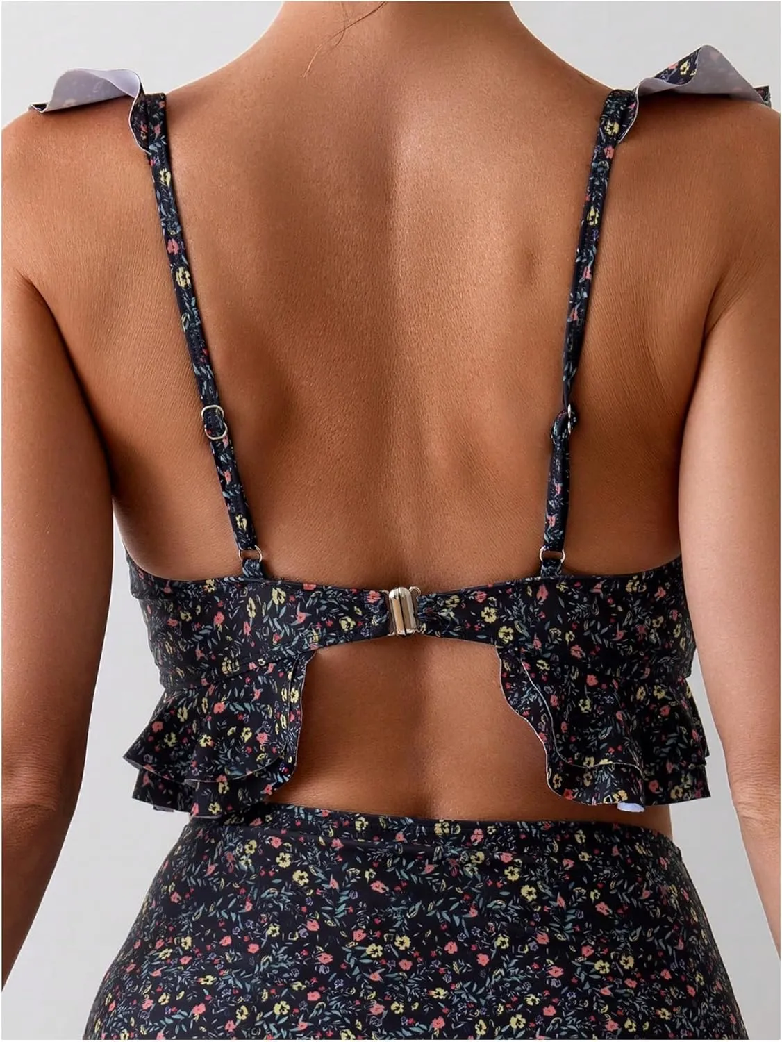 Floerns Women's Disty Floral Print Bikini Set Ruffle Trim High Waisted Bathing Suit