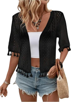 Floerns Women's Tassel Trim Half Sleeve Open Front Knitted Cardigan Sweater