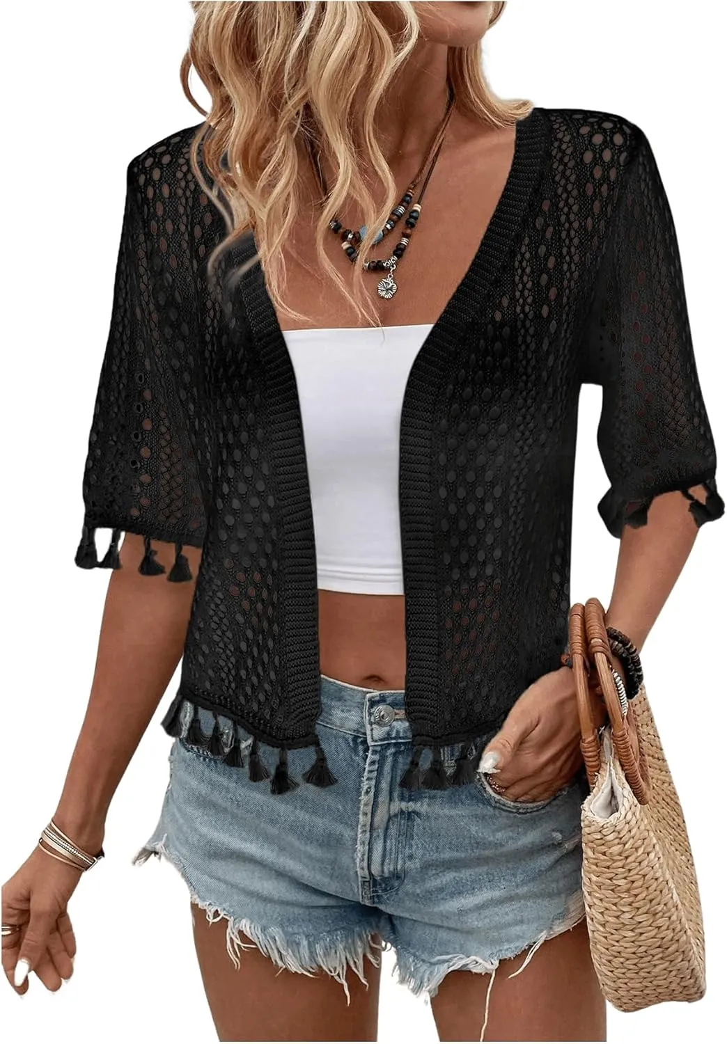 Floerns Women's Tassel Trim Half Sleeve Open Front Knitted Cardigan Sweater