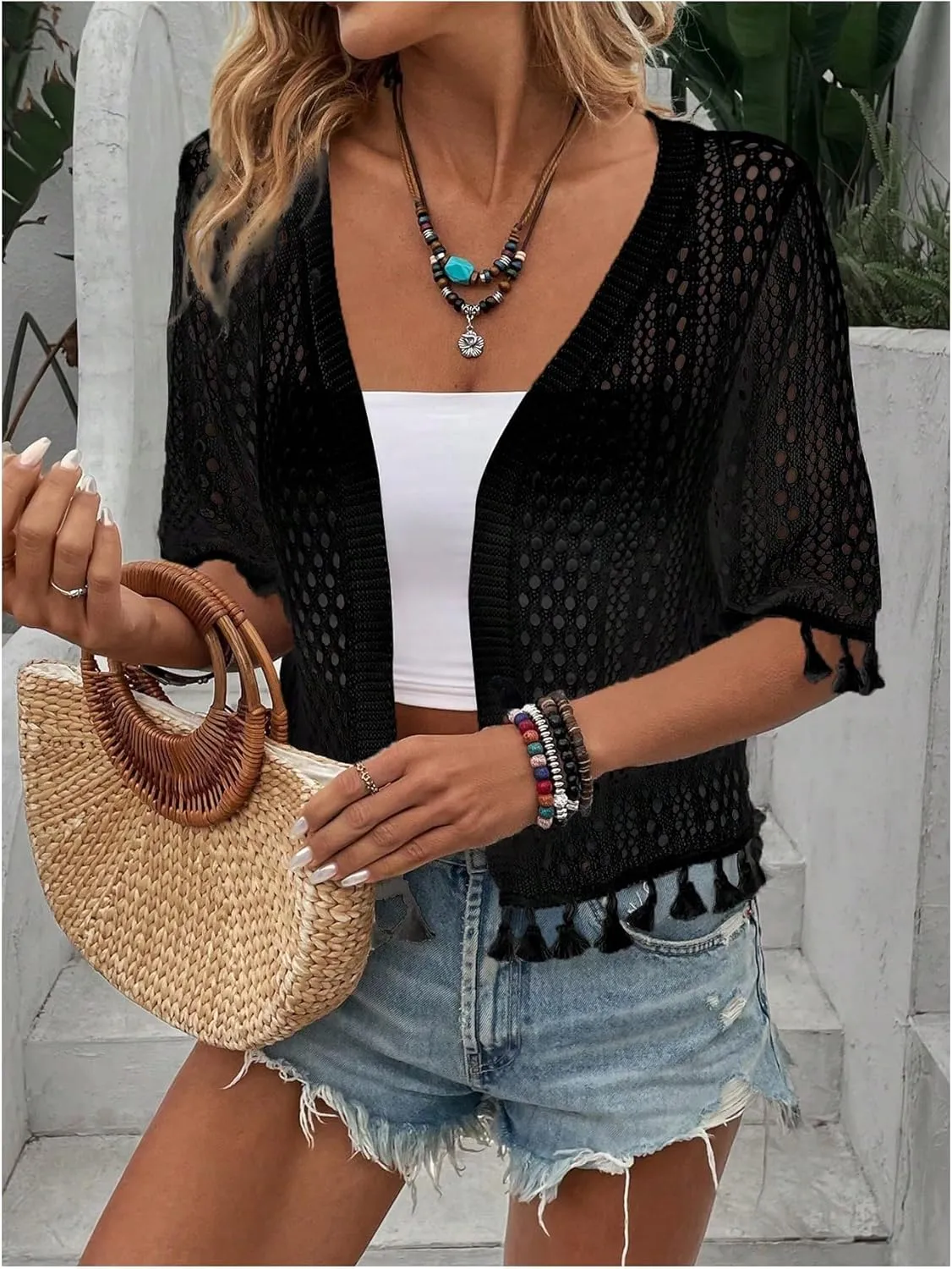 Floerns Women's Tassel Trim Half Sleeve Open Front Knitted Cardigan Sweater