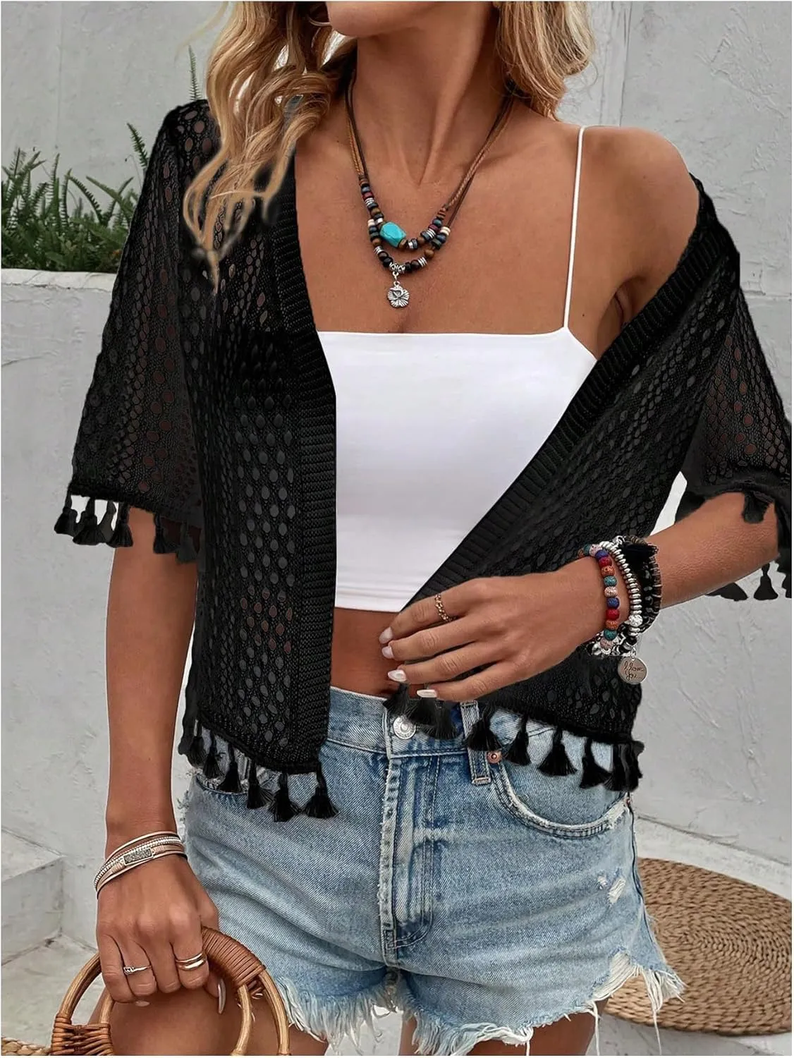 Floerns Women's Tassel Trim Half Sleeve Open Front Knitted Cardigan Sweater