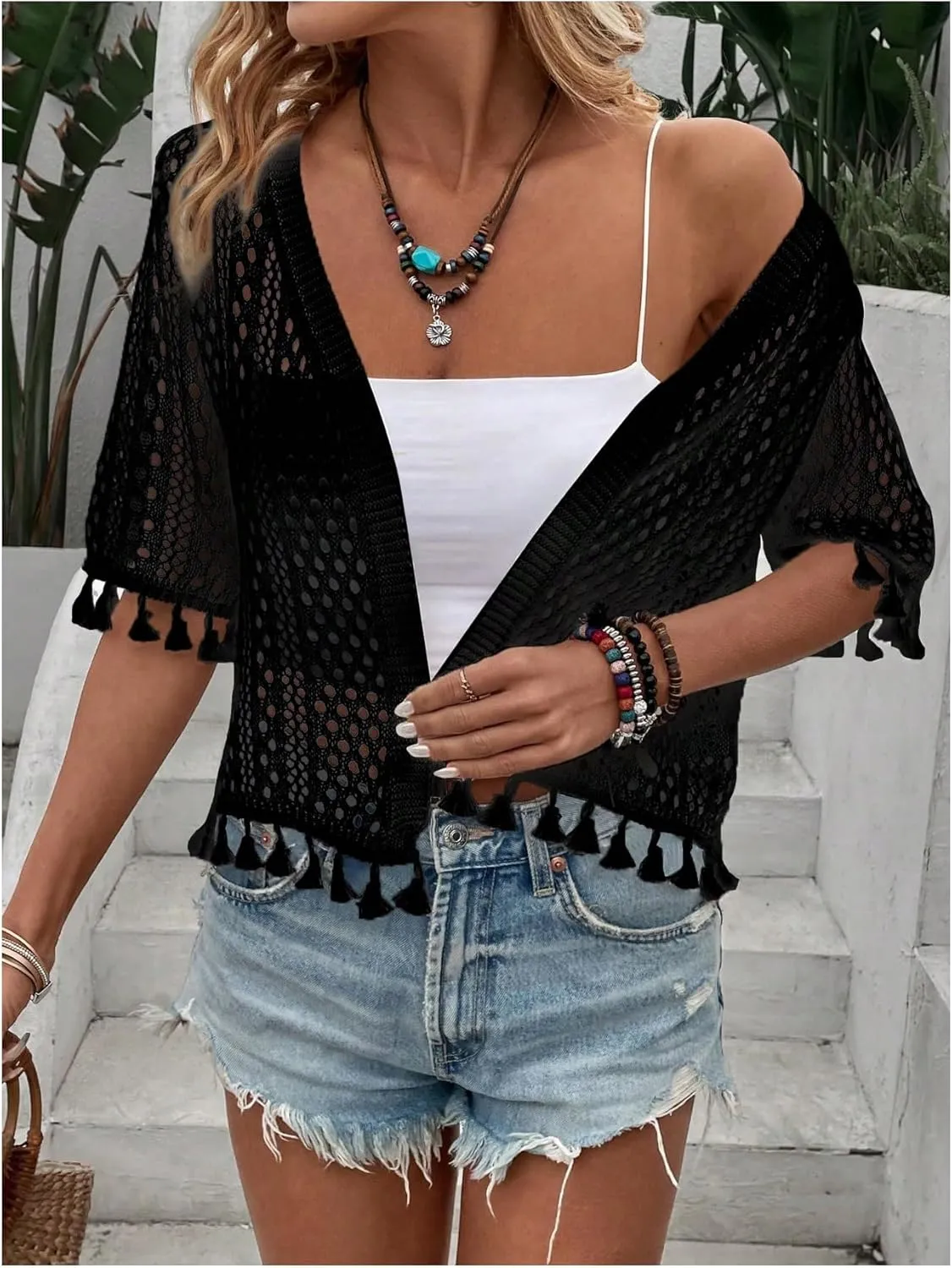 Floerns Women's Tassel Trim Half Sleeve Open Front Knitted Cardigan Sweater