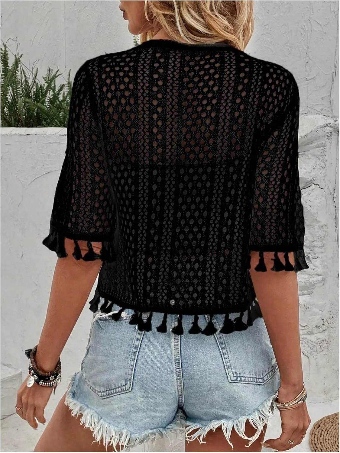 Floerns Women's Tassel Trim Half Sleeve Open Front Knitted Cardigan Sweater
