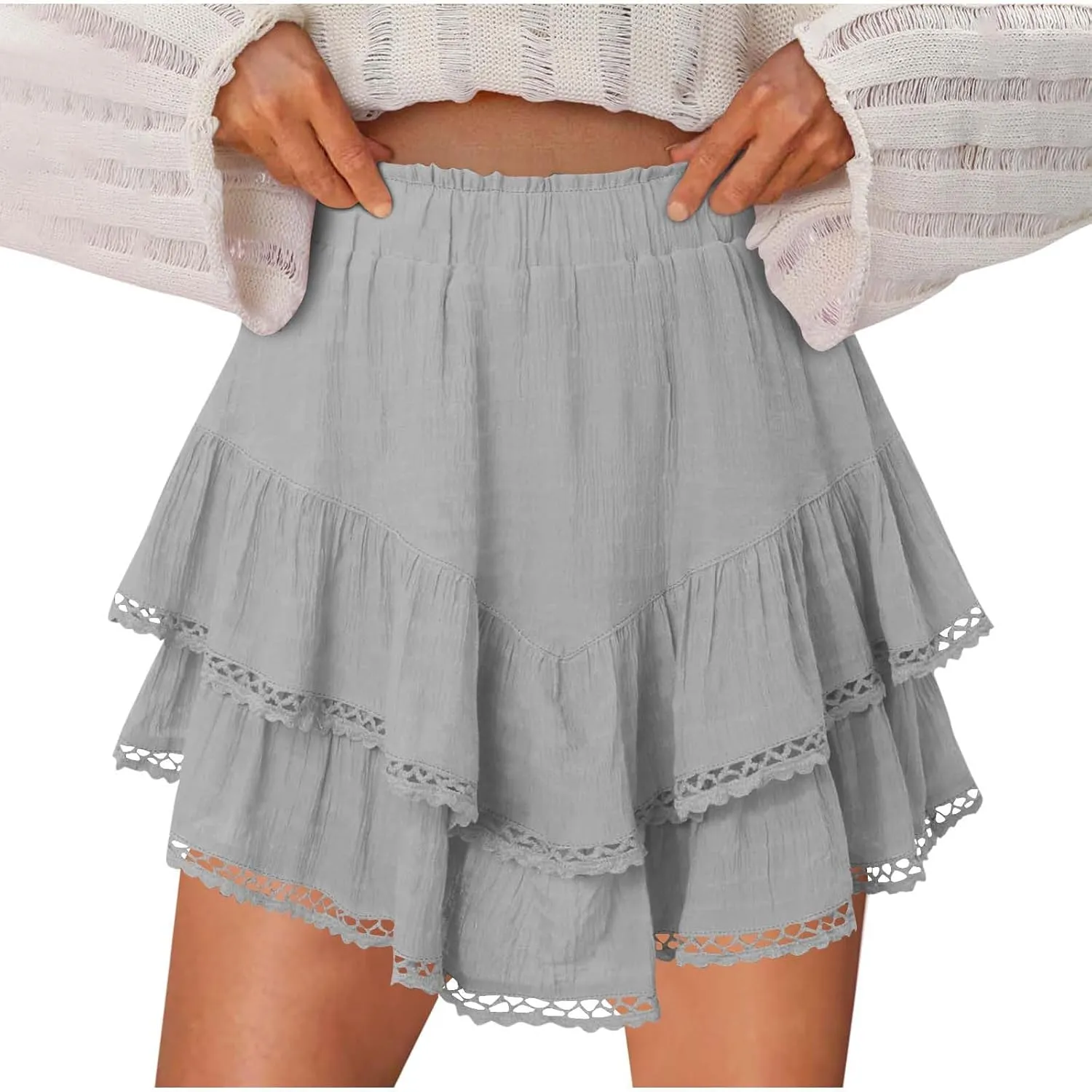 Flowy Shorts for Women Ruffle Boho Tiered Skirt High Waist Athletic Tennis Golf Skorts Summer Crochet Casual Shorts