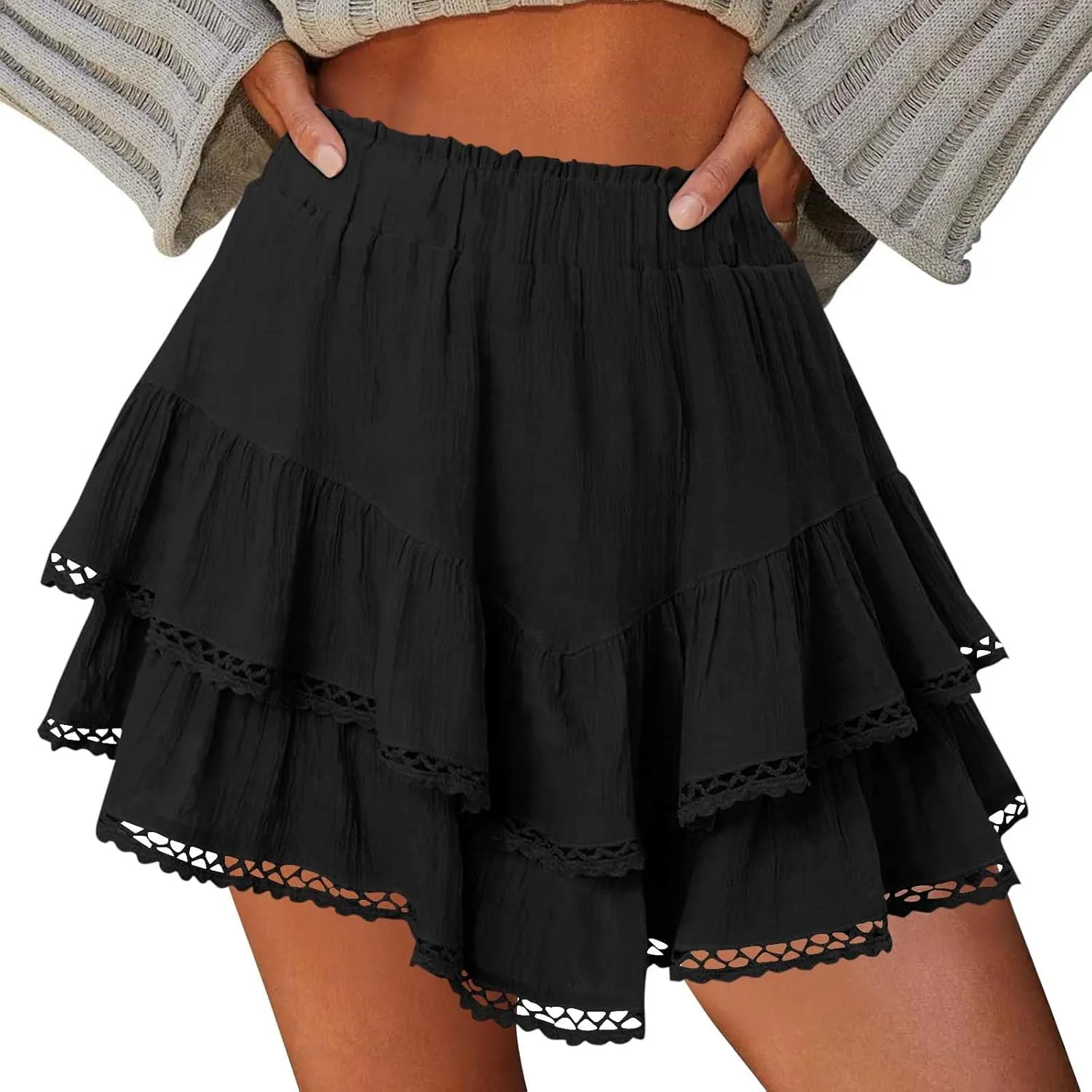 Flowy Shorts for Women Ruffle Boho Tiered Skirt High Waist Athletic Tennis Golf Skorts Summer Crochet Casual Shorts
