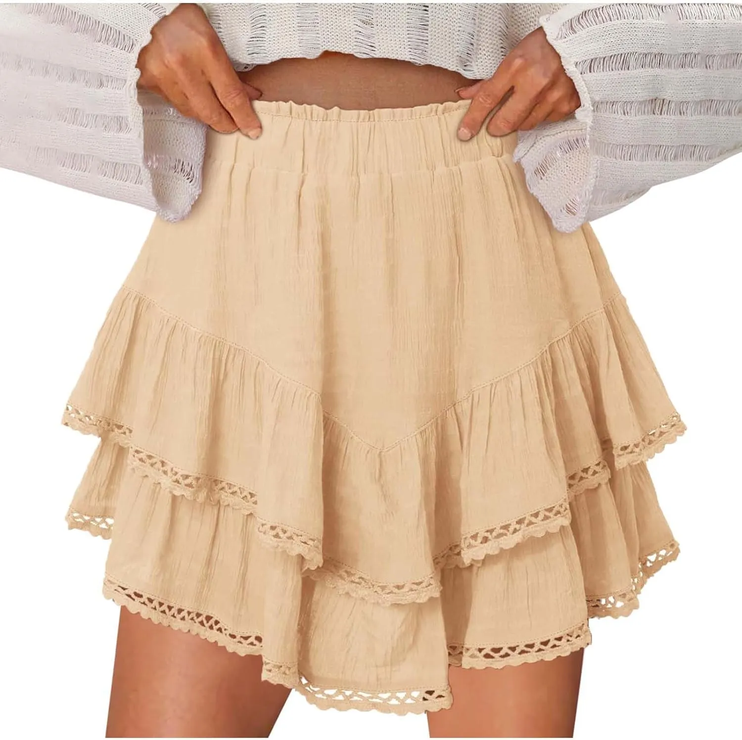 Flowy Shorts for Women Ruffle Boho Tiered Skirt High Waist Athletic Tennis Golf Skorts Summer Crochet Casual Shorts