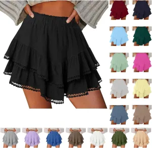 Flowy Shorts for Women Ruffle Boho Tiered Skirt High Waist Athletic Tennis Golf Skorts Summer Crochet Casual Shorts
