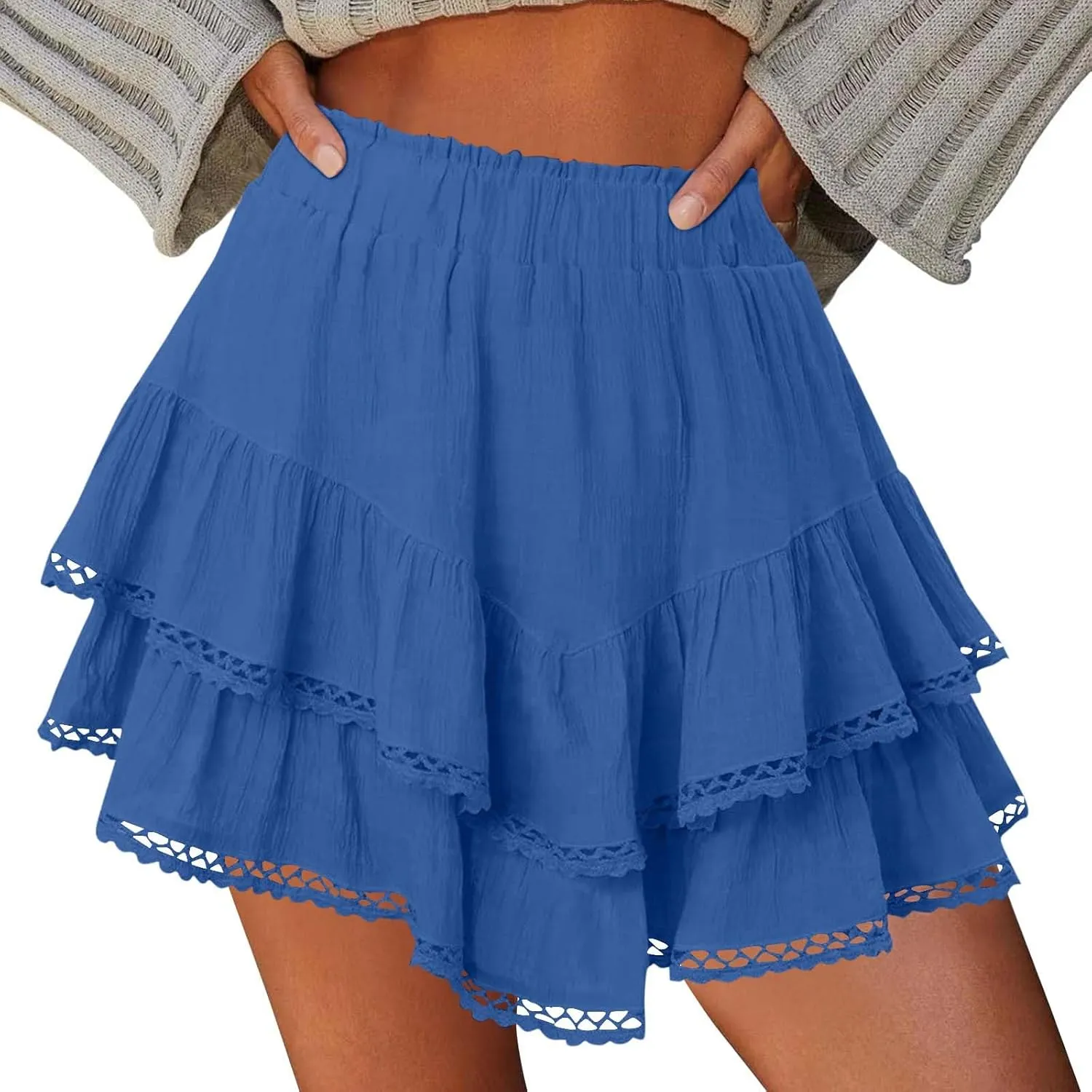 Flowy Shorts for Women Ruffle Boho Tiered Skirt High Waist Athletic Tennis Golf Skorts Summer Crochet Casual Shorts