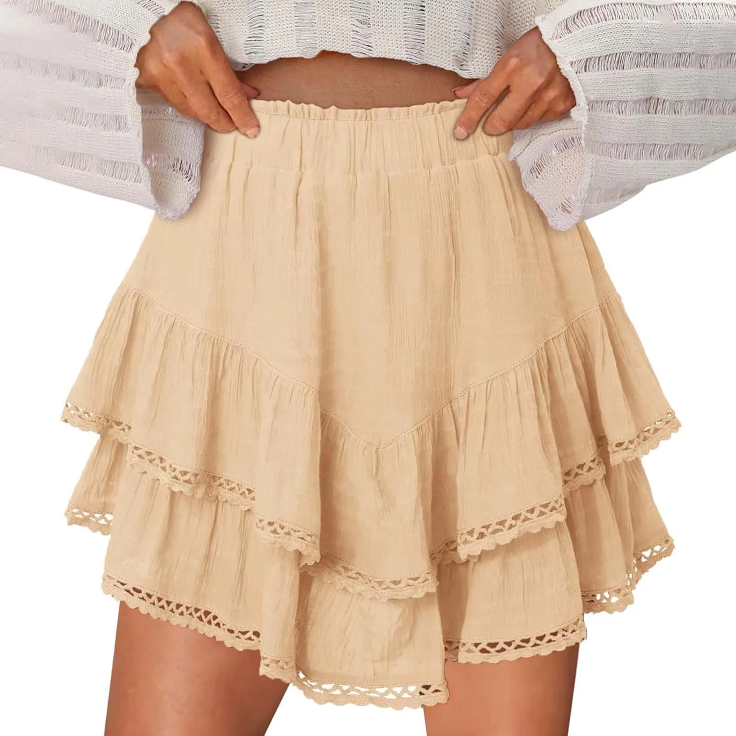 Flowy Shorts for Women Ruffle Boho Tiered Skirt High Waist Athletic Tennis Golf Skorts Summer Crochet Casual Shorts