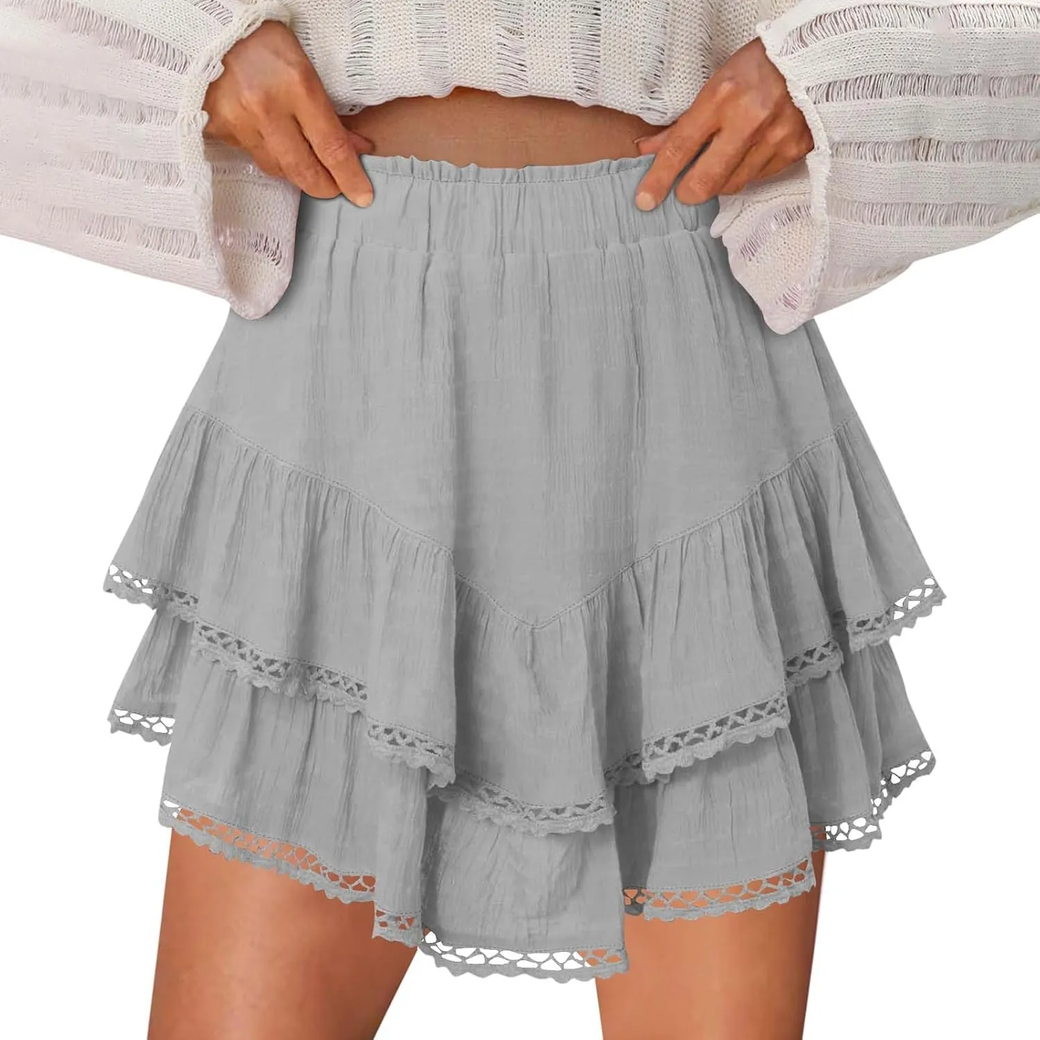 Flowy Shorts for Women Ruffle Boho Tiered Skirt High Waist Athletic Tennis Golf Skorts Summer Crochet Casual Shorts