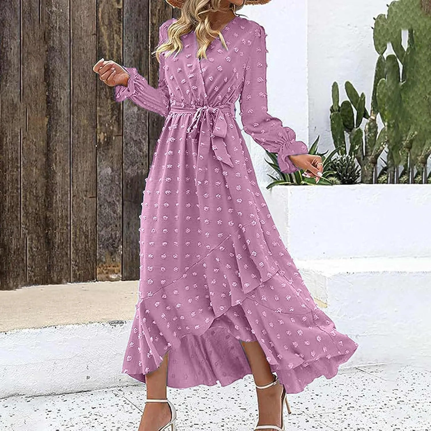 Formal Dresses for Women 2024 Elegant Sexy Long Sleeve Wrap V Neck Bohemian Dress Causal Tie Waist Asymmetrical Dress