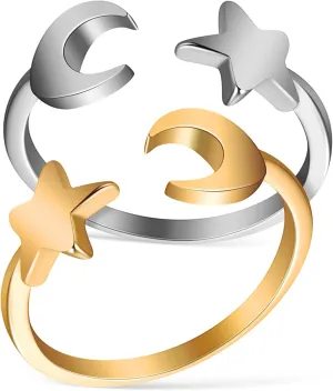FRCOLOR 2 Piece Star and Moon Open Ring Set Fashionable Jewelry Adjustable Size Scratch Resistant Metal Ring Perfect Present for Women
