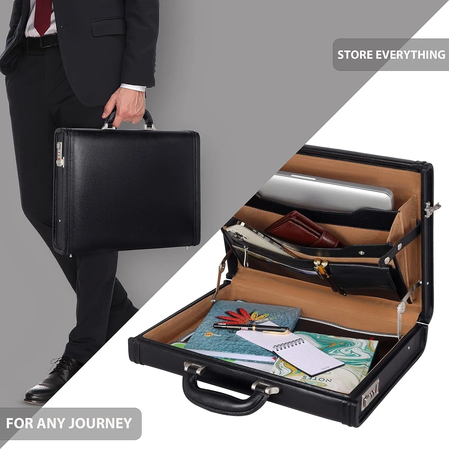 Full Grain Leather Briefcase Attache Case For Unisex Size L17xW3xH12 Inches Briefcase Bag (Black)
