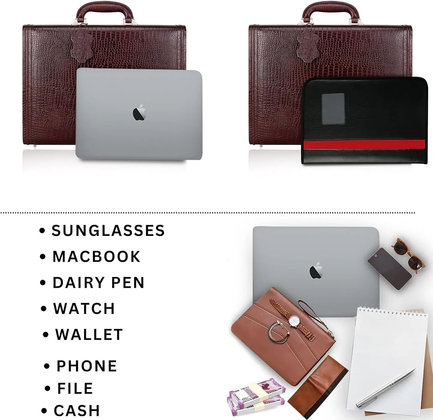 Full Grain Leather Briefcase Attache Case For Unisex Size L17xW3xH12 Inches Briefcase Bag (Croc Brown)