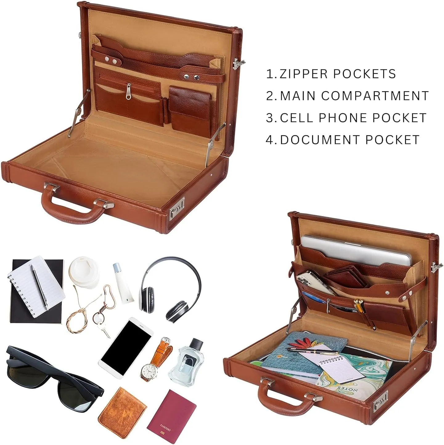 Full Grain Leather Briefcase Attache Case For Unisex Size L17xW3xH12 Inches Briefcase Bag (Tan)