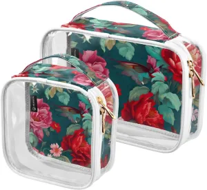 GAIGEO Colorful Flowers and Hummingbirds Tsa Approved Clear Toiletry Bag, Makeup Bag for Car, Clear Toiletry Bag for Women, 2 Pack