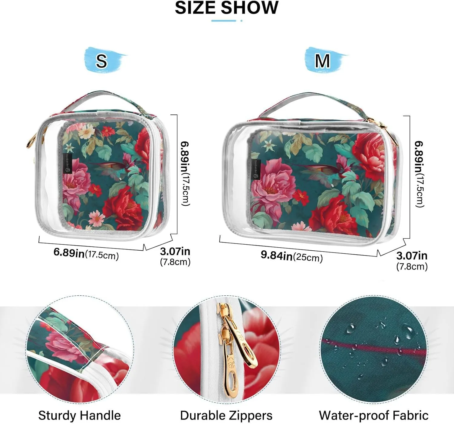 GAIGEO Colorful Flowers and Hummingbirds Tsa Approved Clear Toiletry Bag, Makeup Bag for Car, Clear Toiletry Bag for Women, 2 Pack