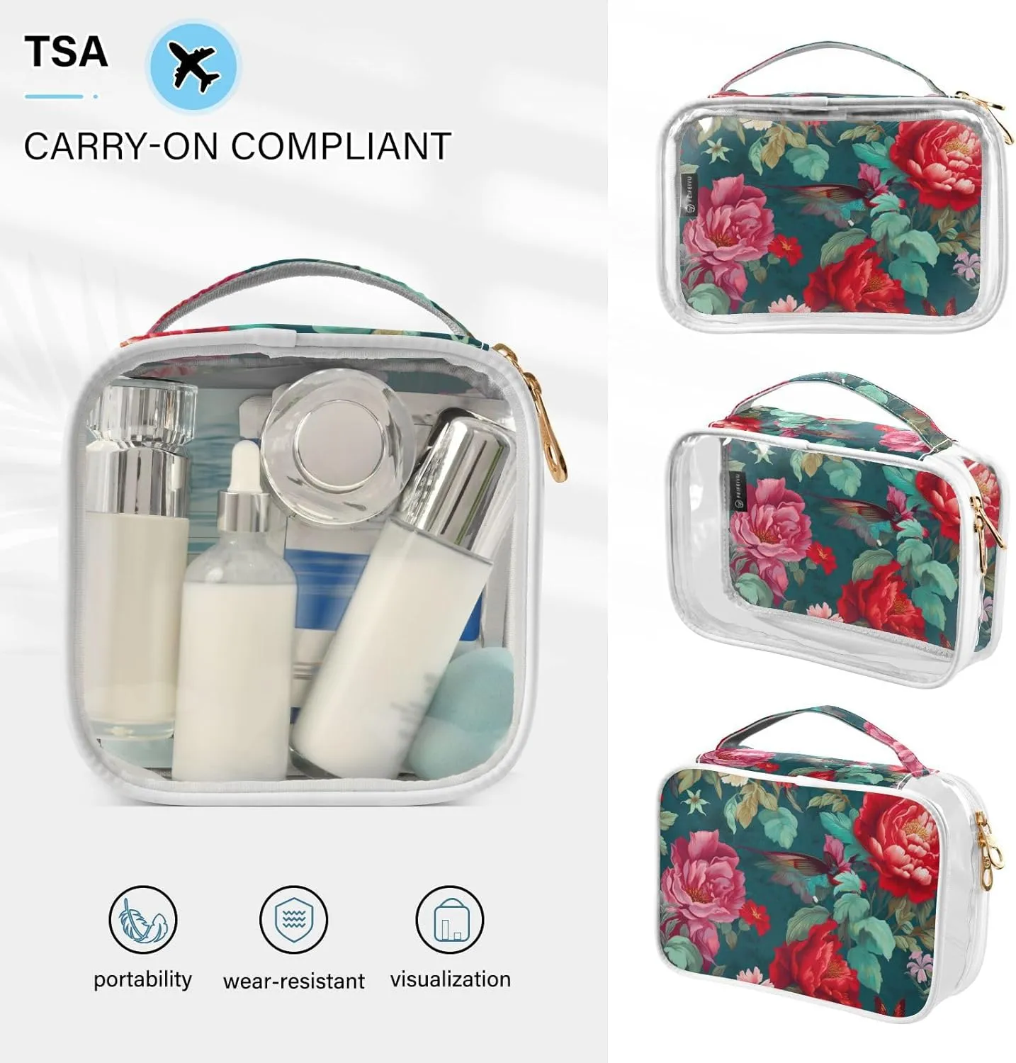 GAIGEO Colorful Flowers and Hummingbirds Tsa Approved Clear Toiletry Bag, Makeup Bag for Car, Clear Toiletry Bag for Women, 2 Pack