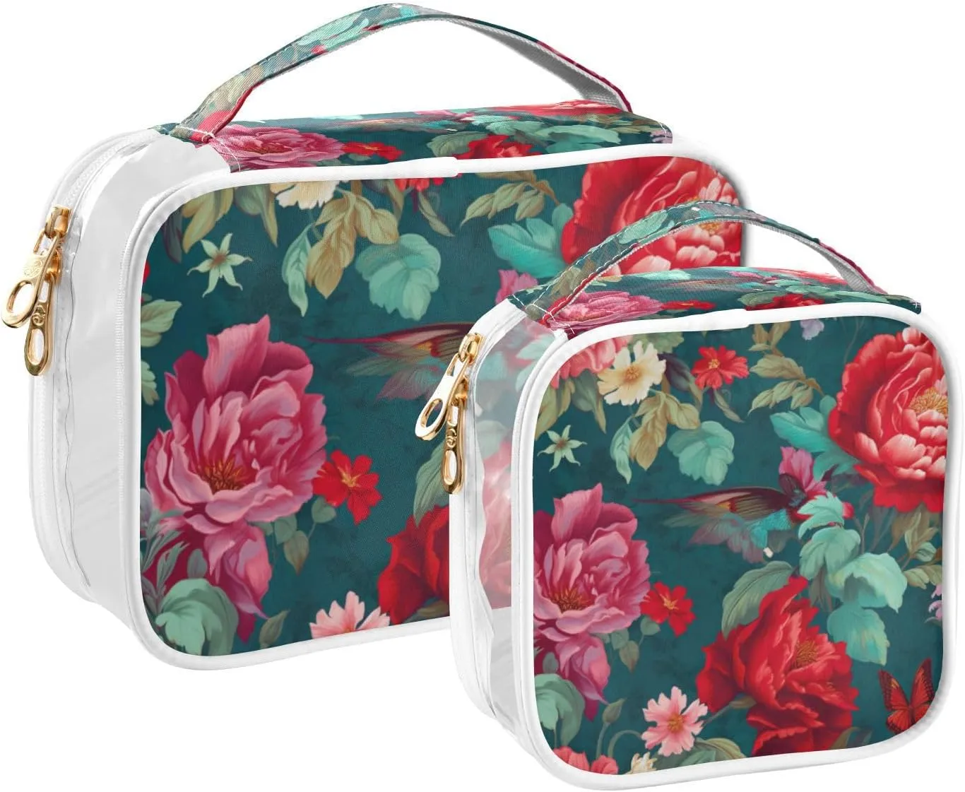 GAIGEO Colorful Flowers and Hummingbirds Tsa Approved Clear Toiletry Bag, Makeup Bag for Car, Clear Toiletry Bag for Women, 2 Pack