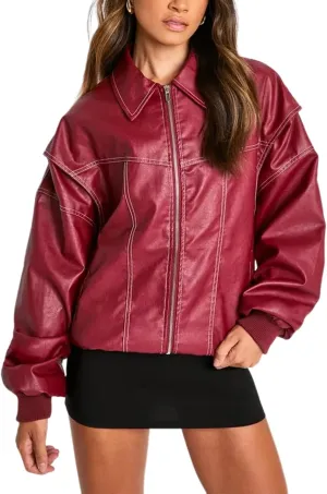 Gihuo Women's Oversized Faux Leather Jacket Fashion Zip Up Motorcycle Jackets Moto Biker Coat Fall Winter Outfits