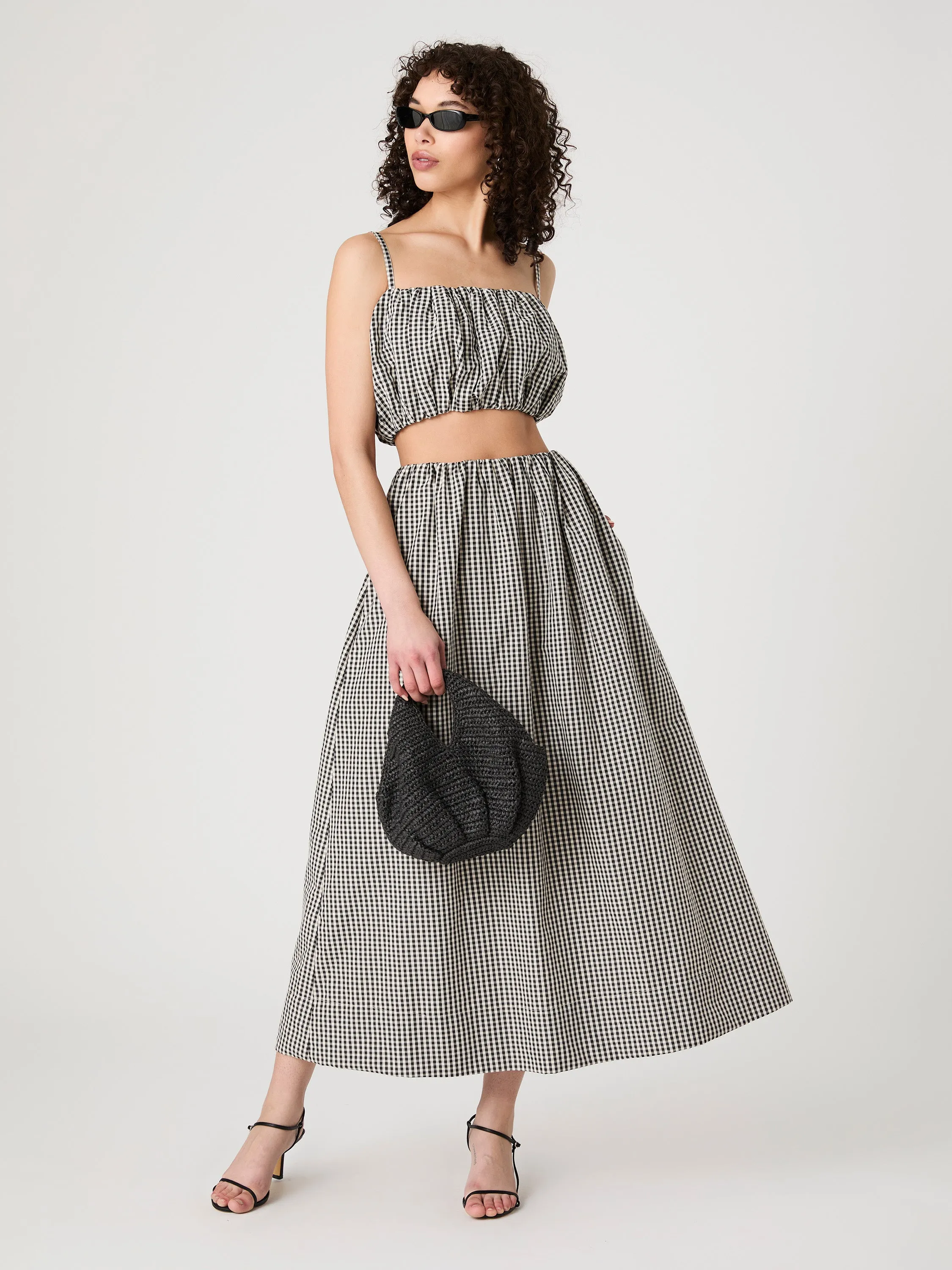 Gingham Ruched Waist Midi Skirt