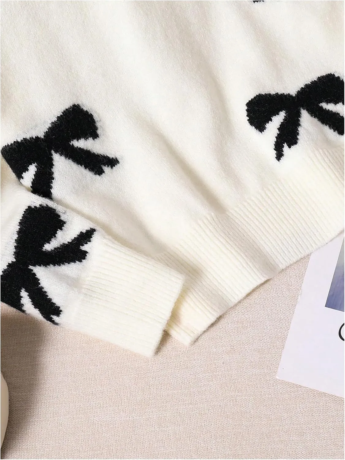 Girl's Bow Graphic Sweaters Crewneck Long Sleeve Knit Pullover Tops Drop Shoulder Knitwear