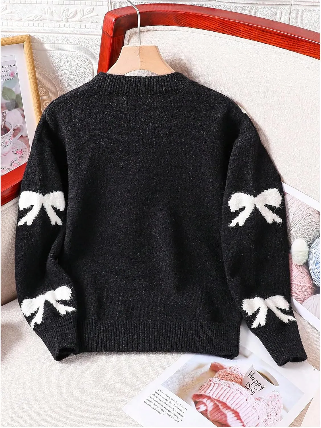 Girl's Bow Graphic Sweaters Crewneck Long Sleeve Knit Pullover Tops Drop Shoulder Knitwear