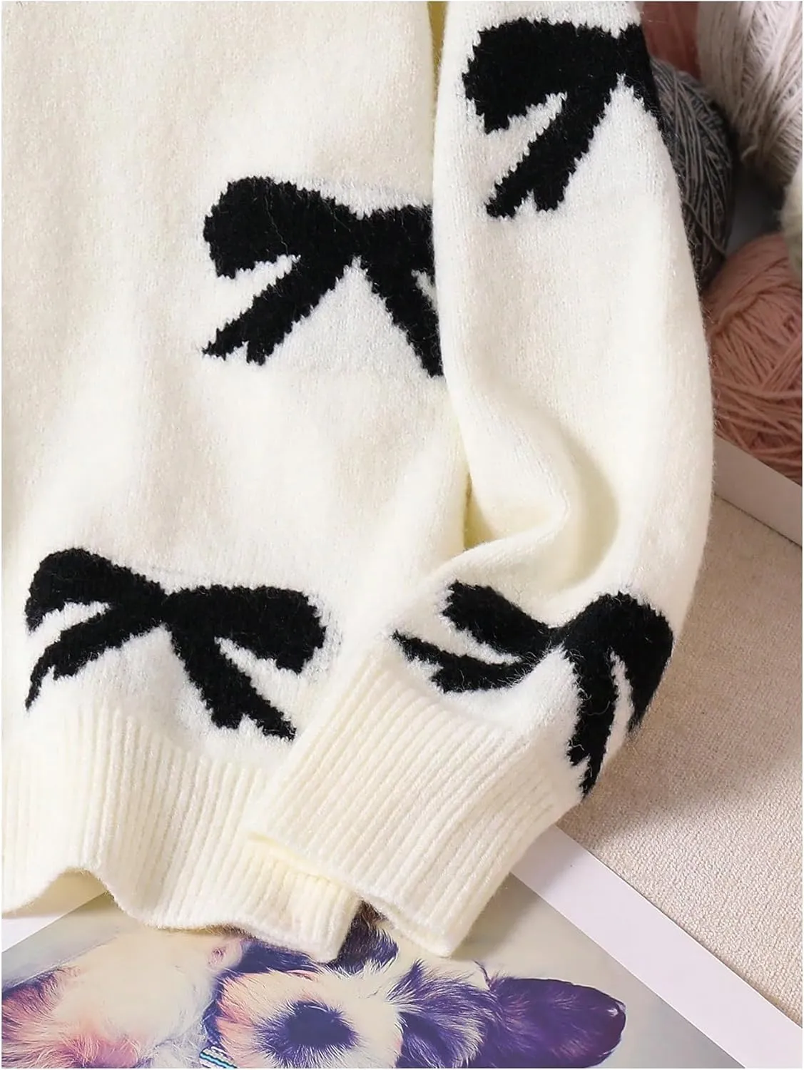 Girl's Bow Graphic Sweaters Crewneck Long Sleeve Knit Pullover Tops Drop Shoulder Knitwear