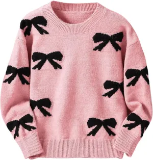 Girl's Bow Graphic Sweaters Crewneck Long Sleeve Knit Pullover Tops Drop Shoulder Knitwear