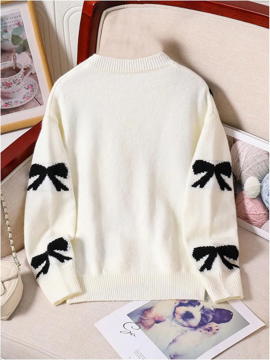 Girl's Bow Graphic Sweaters Crewneck Long Sleeve Knit Pullover Tops Drop Shoulder Knitwear