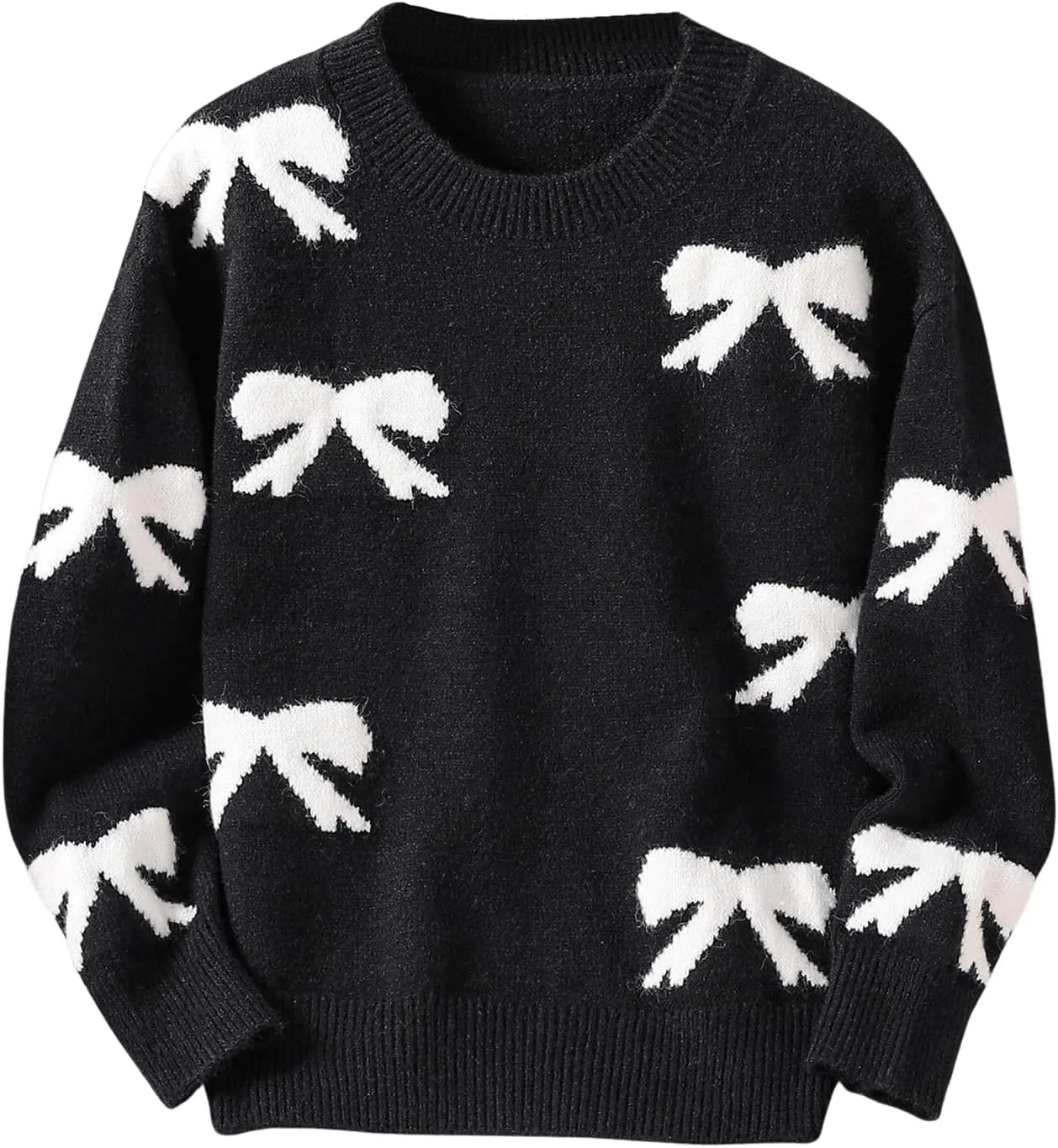 Girl's Bow Graphic Sweaters Crewneck Long Sleeve Knit Pullover Tops Drop Shoulder Knitwear