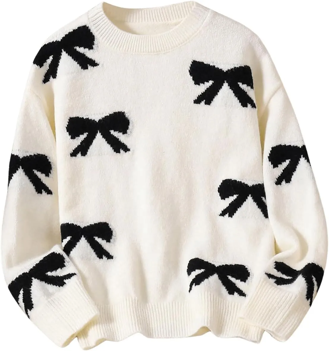 Girl's Bow Graphic Sweaters Crewneck Long Sleeve Knit Pullover Tops Drop Shoulder Knitwear