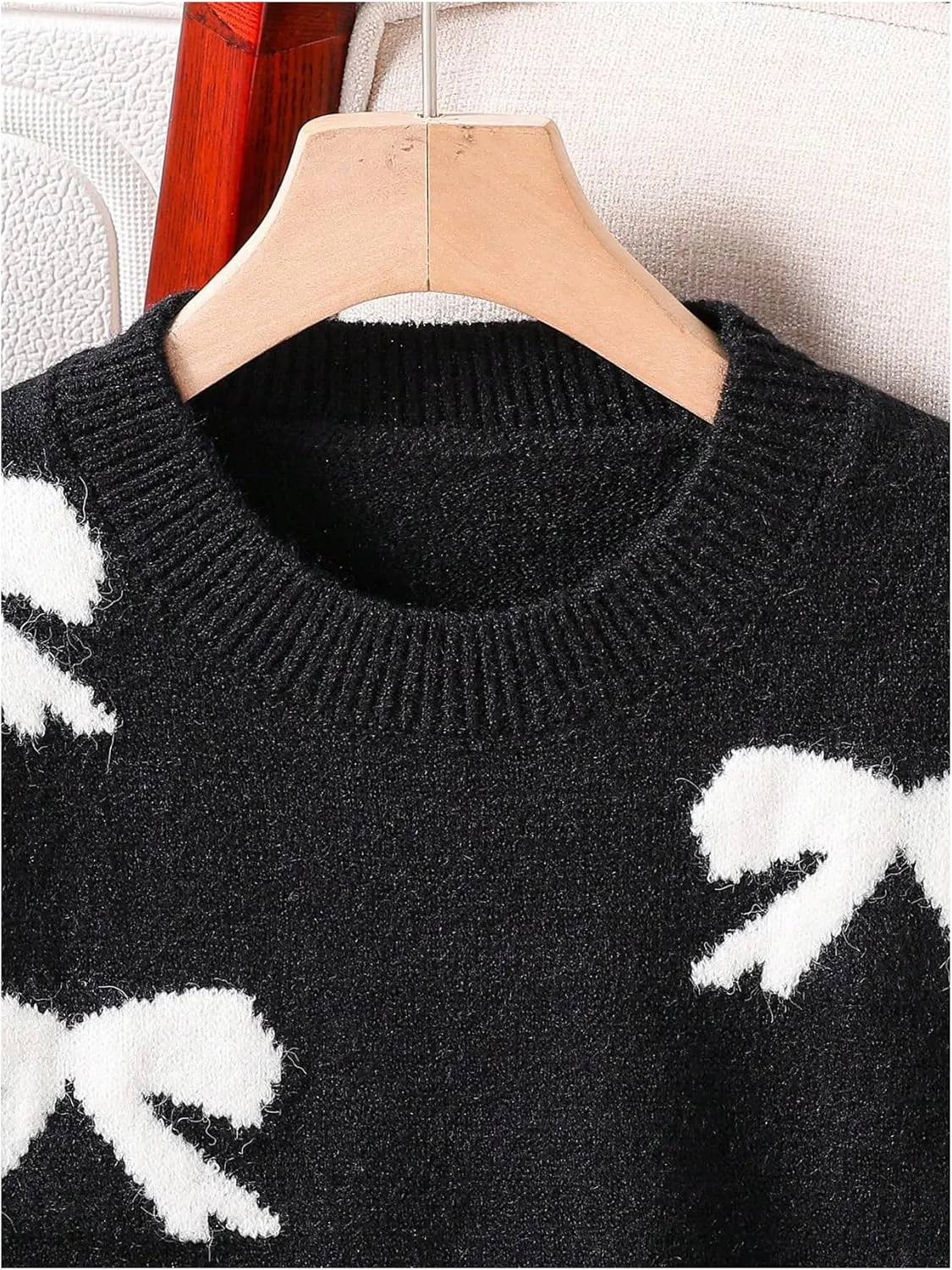 Girl's Bow Graphic Sweaters Crewneck Long Sleeve Knit Pullover Tops Drop Shoulder Knitwear