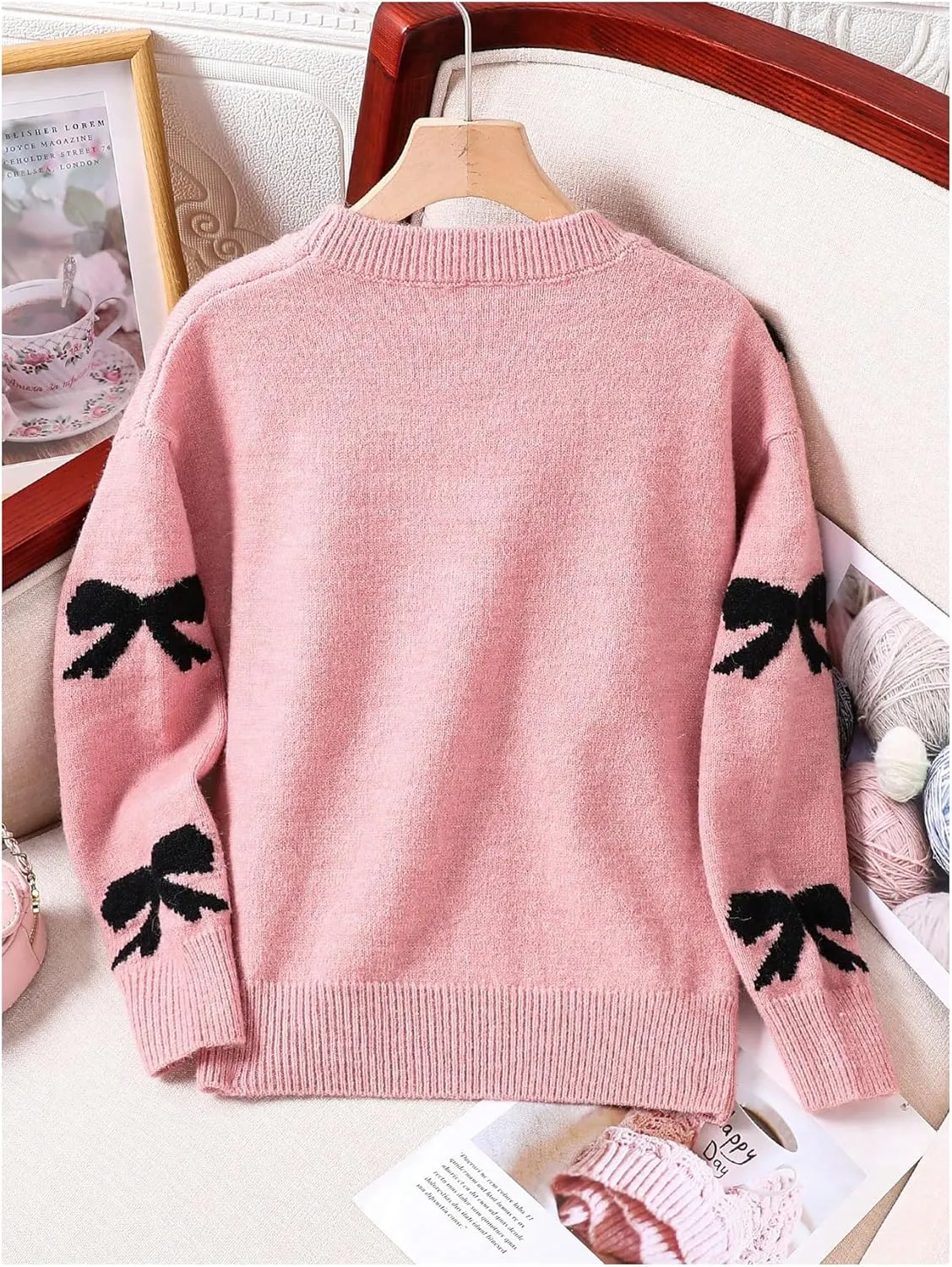 Girl's Bow Graphic Sweaters Crewneck Long Sleeve Knit Pullover Tops Drop Shoulder Knitwear