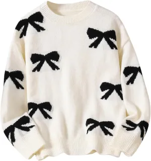 Girl's Bow Graphic Sweaters Crewneck Long Sleeve Knit Pullover Tops Drop Shoulder Knitwear