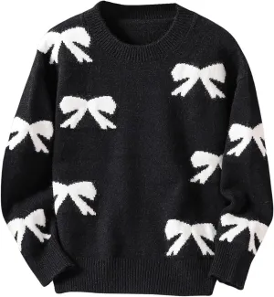 Girl's Bow Graphic Sweaters Crewneck Long Sleeve Knit Pullover Tops Drop Shoulder Knitwear
