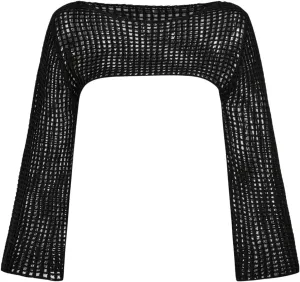 Girl's Hollow Out Crochet Knit Crop Sweater Long Flare Sleeve Boat Neck Sheer Pullovers Knitwear