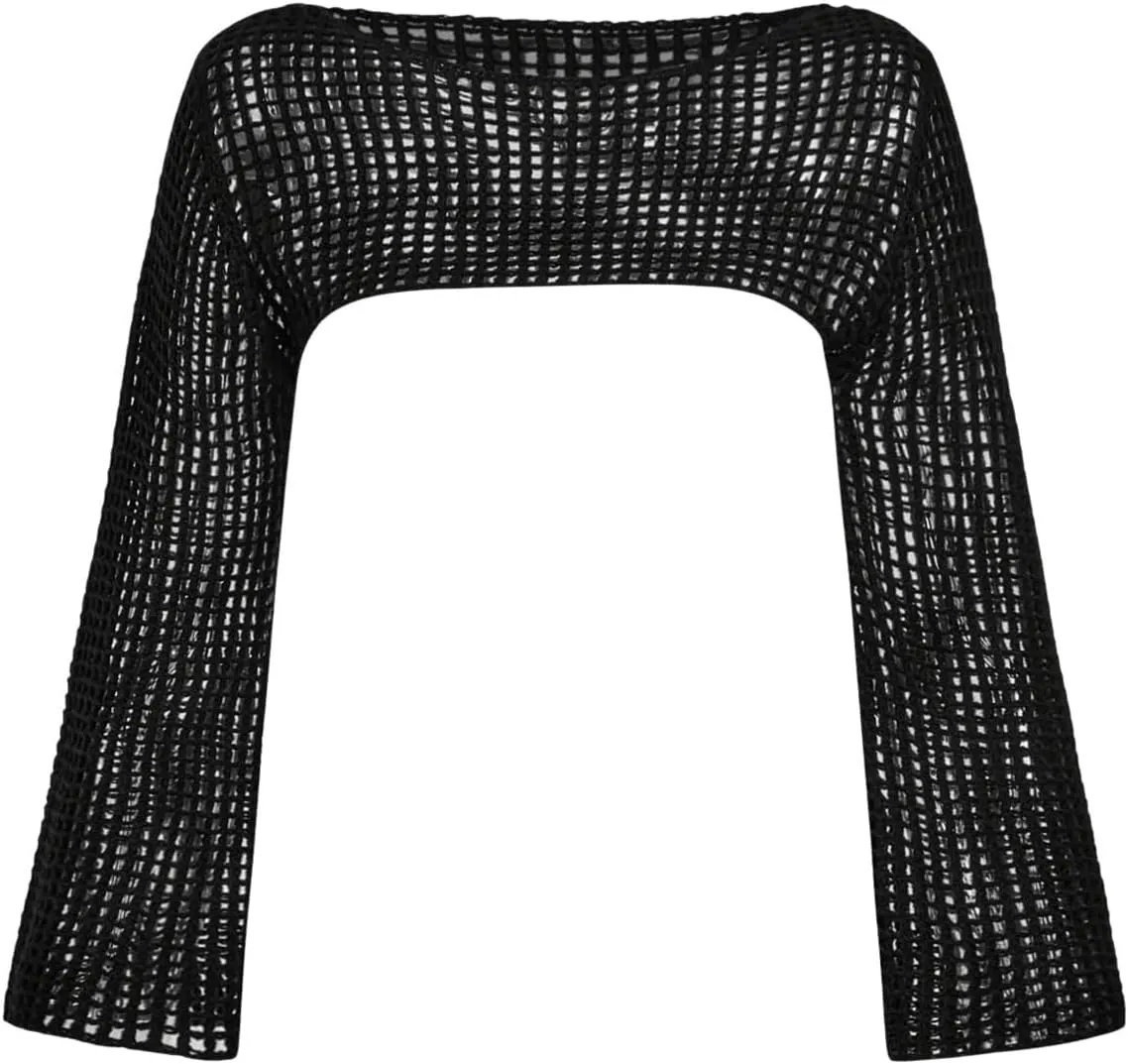 Girl's Hollow Out Crochet Knit Crop Sweater Long Flare Sleeve Boat Neck Sheer Pullovers Knitwear
