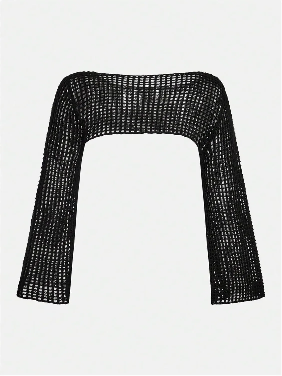 Girl's Hollow Out Crochet Knit Crop Sweater Long Flare Sleeve Boat Neck Sheer Pullovers Knitwear