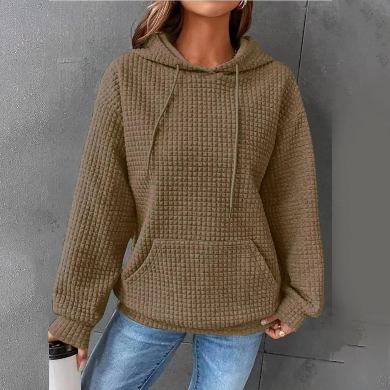 GOFULY Womens Hoodies Pullover Fall Waffle Knit Sweatshirt Winter Long Sleeve Shirts Solid Drawstring Hoodies With Pocket