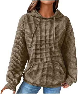 GOFULY Womens Hoodies Pullover Fall Waffle Knit Sweatshirt Winter Long Sleeve Shirts Solid Drawstring Hoodies With Pocket