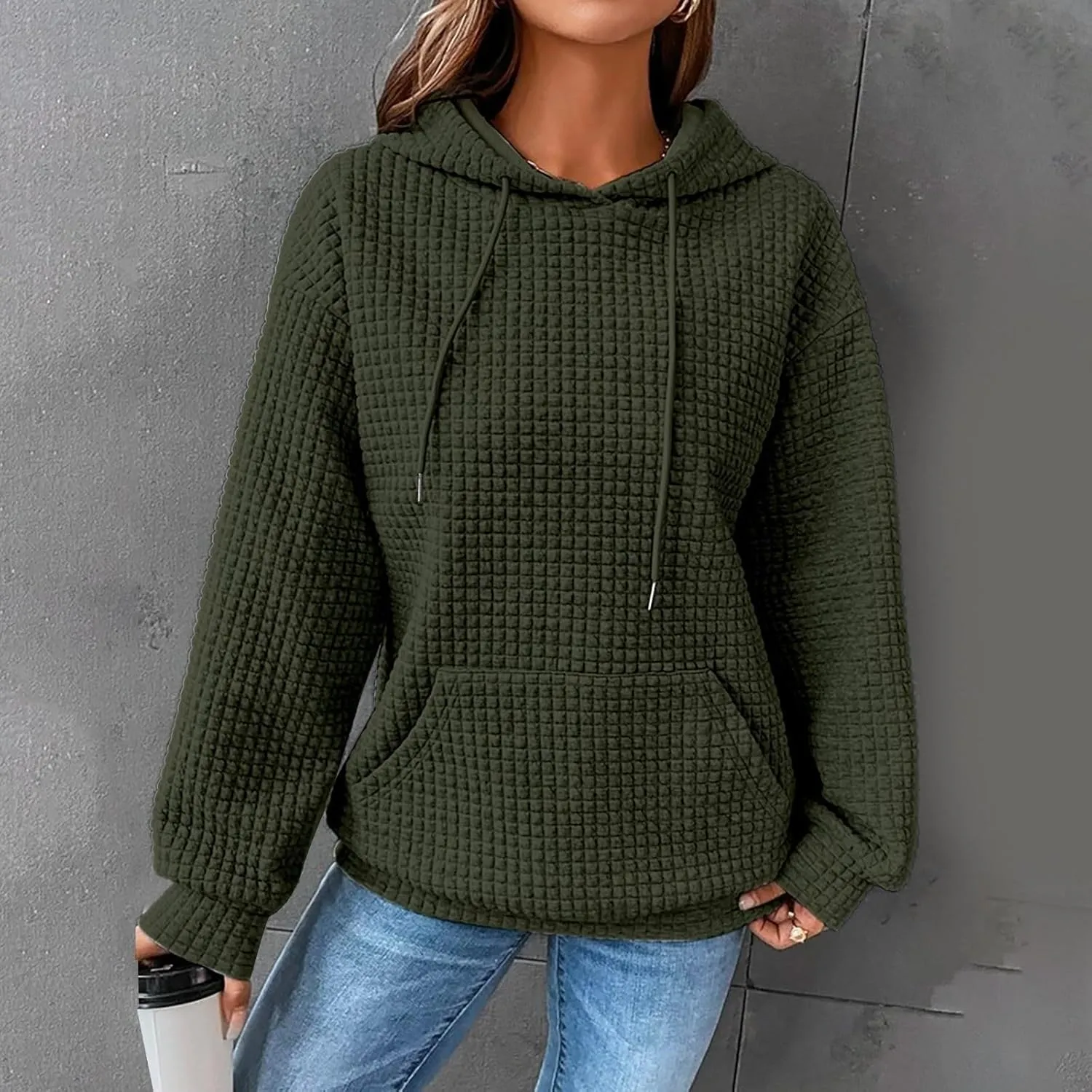GOFULY Womens Hoodies Pullover Fall Waffle Knit Sweatshirt Winter Long Sleeve Shirts Solid Drawstring Hoodies With Pocket