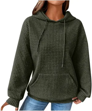 GOFULY Womens Hoodies Pullover Fall Waffle Knit Sweatshirt Winter Long Sleeve Shirts Solid Drawstring Hoodies With Pocket