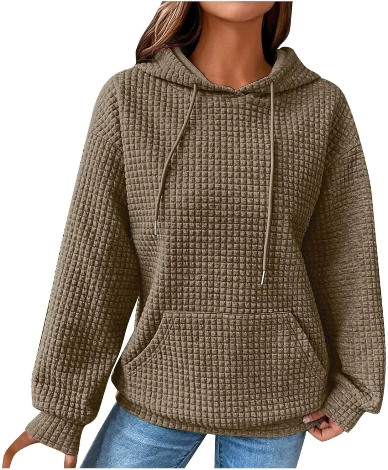 GOFULY Womens Hoodies Pullover Fall Waffle Knit Sweatshirt Winter Long Sleeve Shirts Solid Drawstring Hoodies With Pocket