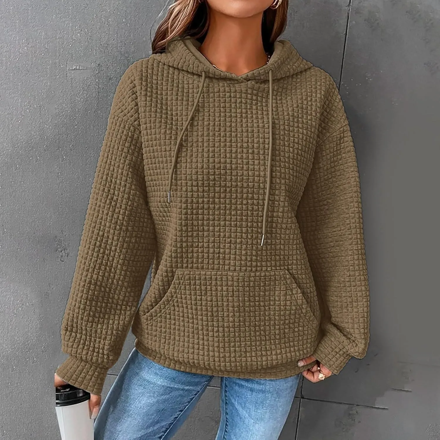GOFULY Womens Hoodies Pullover Fall Waffle Knit Sweatshirt Winter Long Sleeve Shirts Solid Drawstring Hoodies With Pocket