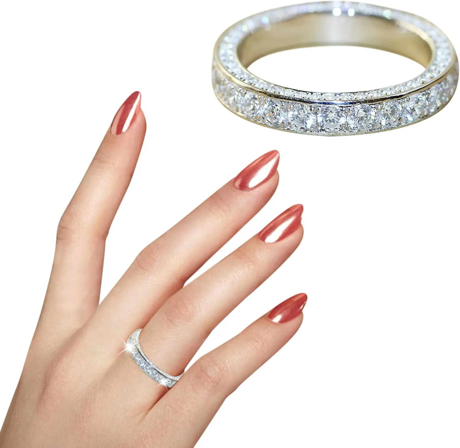 Gold Plated Cubic Zirconia Inlaid Statement Band Classic Full Inlaid Diamond Rings Stackable Anniversary Promise Ring for Her