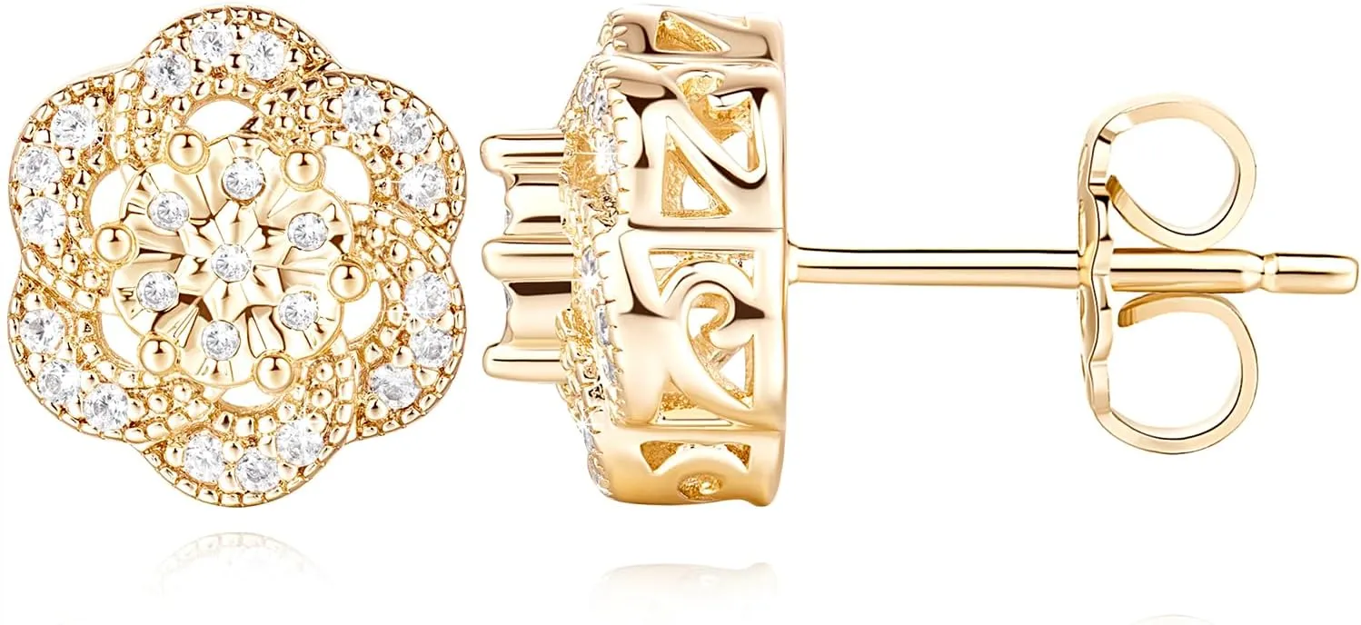 Gold Stud Earrings for women Trendy, Flower-shaped 14K Gold Earrings Studs Sparkling Zirconia 10mm